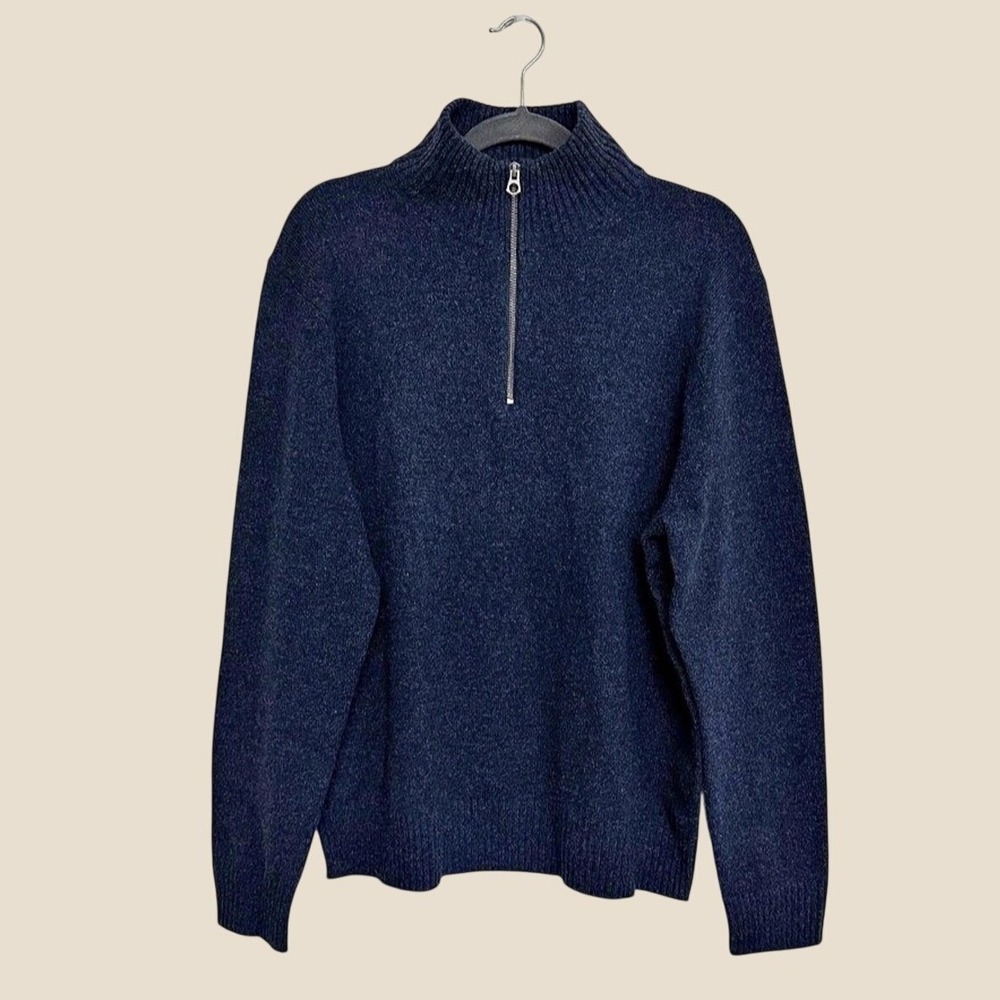 J.Crew New Marled Rugged Merino Wool Blend Half Zip Sweater Navy Blue Size Large